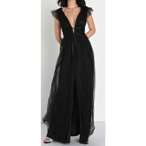 LULUS Black I'm All Yours Short Sleeve V-Neck Tulle Ruffled Maxi Dress NWOT B102